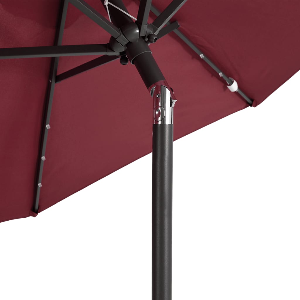 Parasol avec LED et mât en acier rouge vin 225x225x212 cm