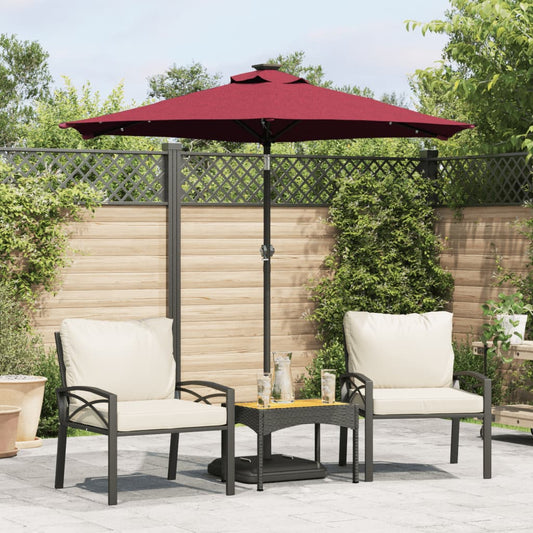 Parasol avec LED et mât en acier rouge vin 225x225x212 cm