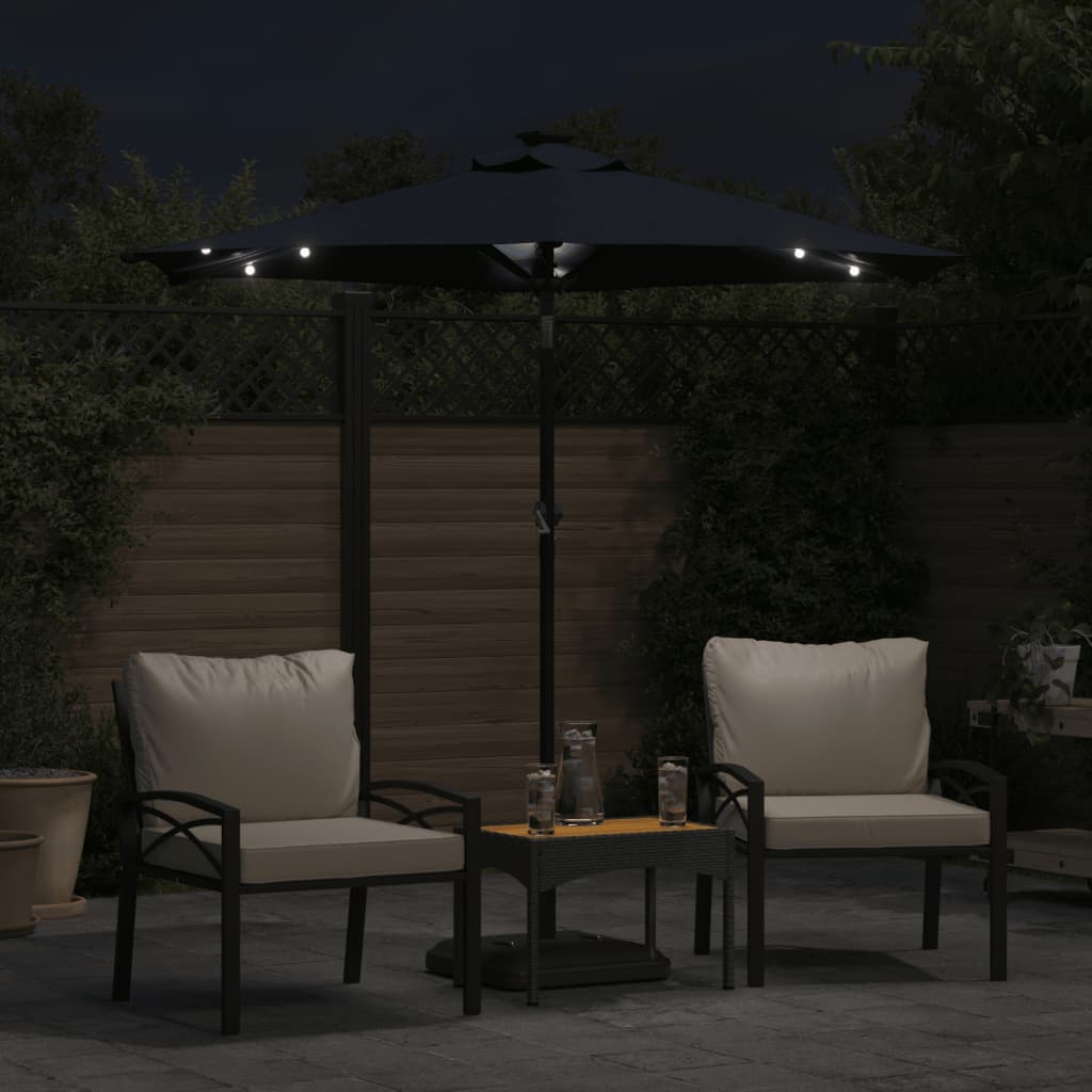 Parasol avec LED et mât en acier noir 225x225x212 cm