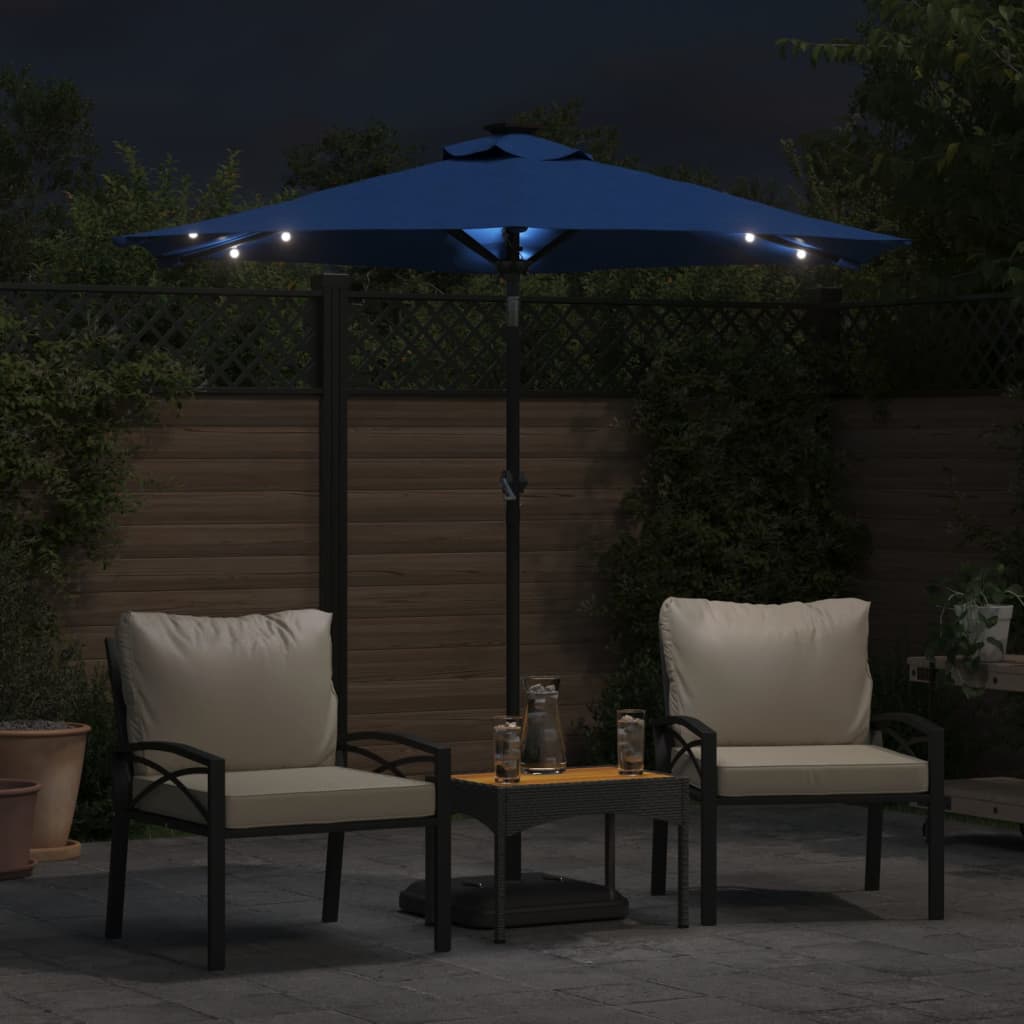 Parasol avec LED et mât en acier bleu azur 225x225x212 cm