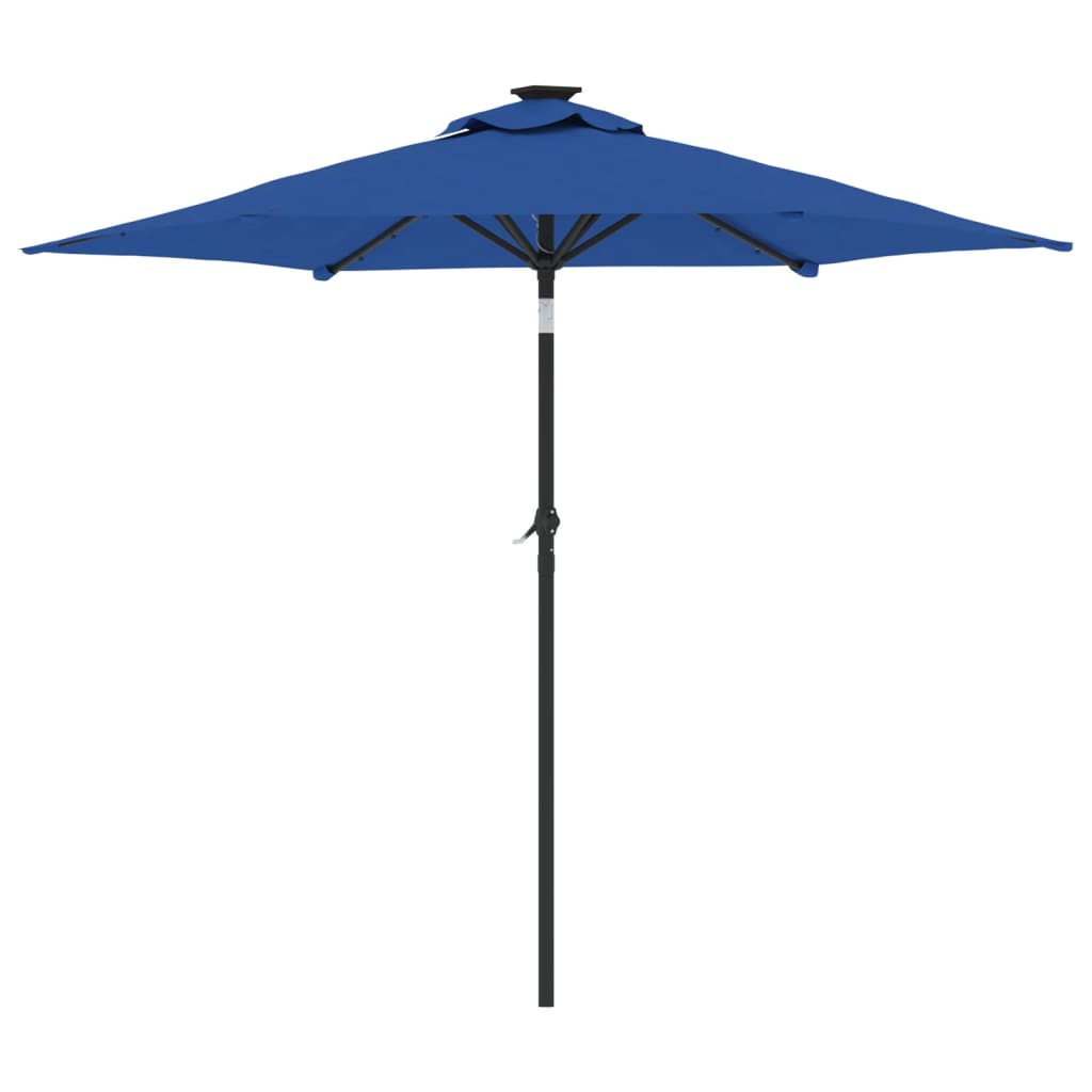 Parasol avec LED et mât en acier bleu azur 225x225x212 cm