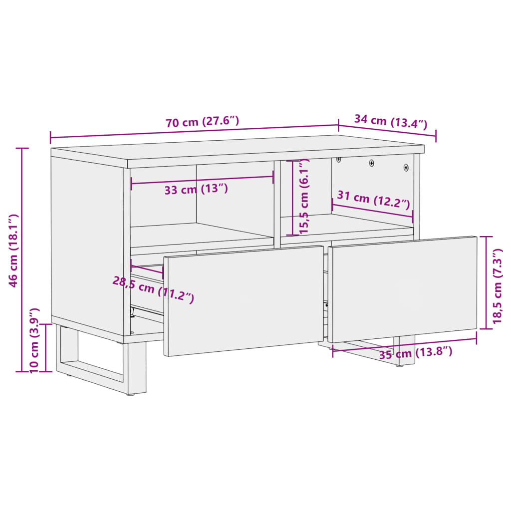 Meuble TV blanc 70x34x46 cm en bois de manguier massif