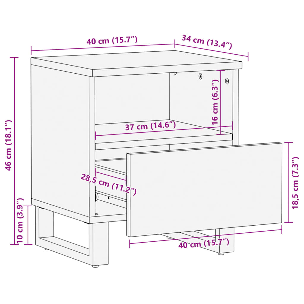 Table de chevet 40x33x46 cm Bois de manguier brut