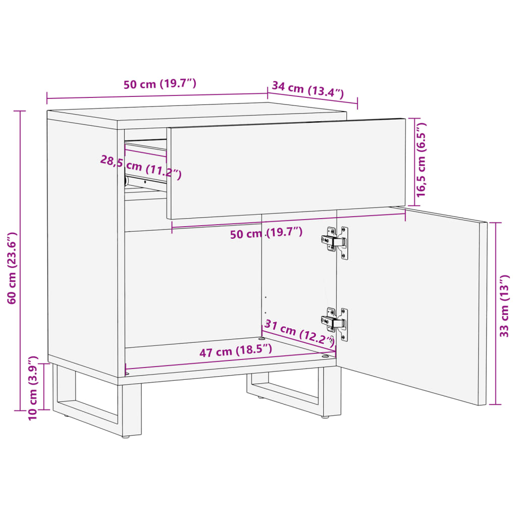 Table de chevet 50x34x60 cm Bois de manguier massif brut