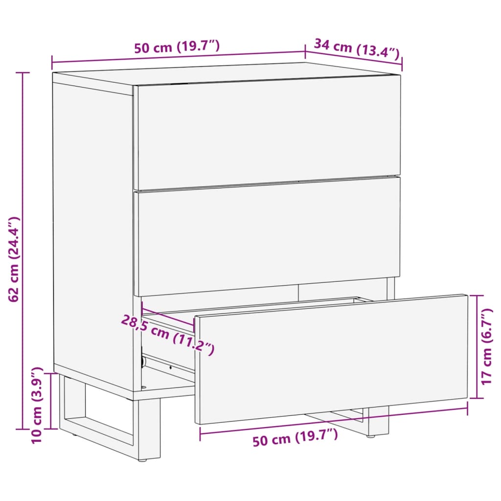 Table de chevet 50x34x62 cm en bois de manguier massif