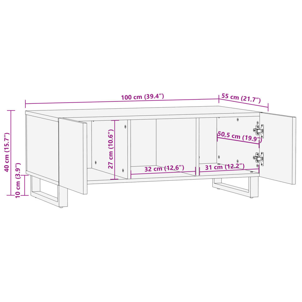 Table basse marron 100x55x40 cm en bois de manguier massif