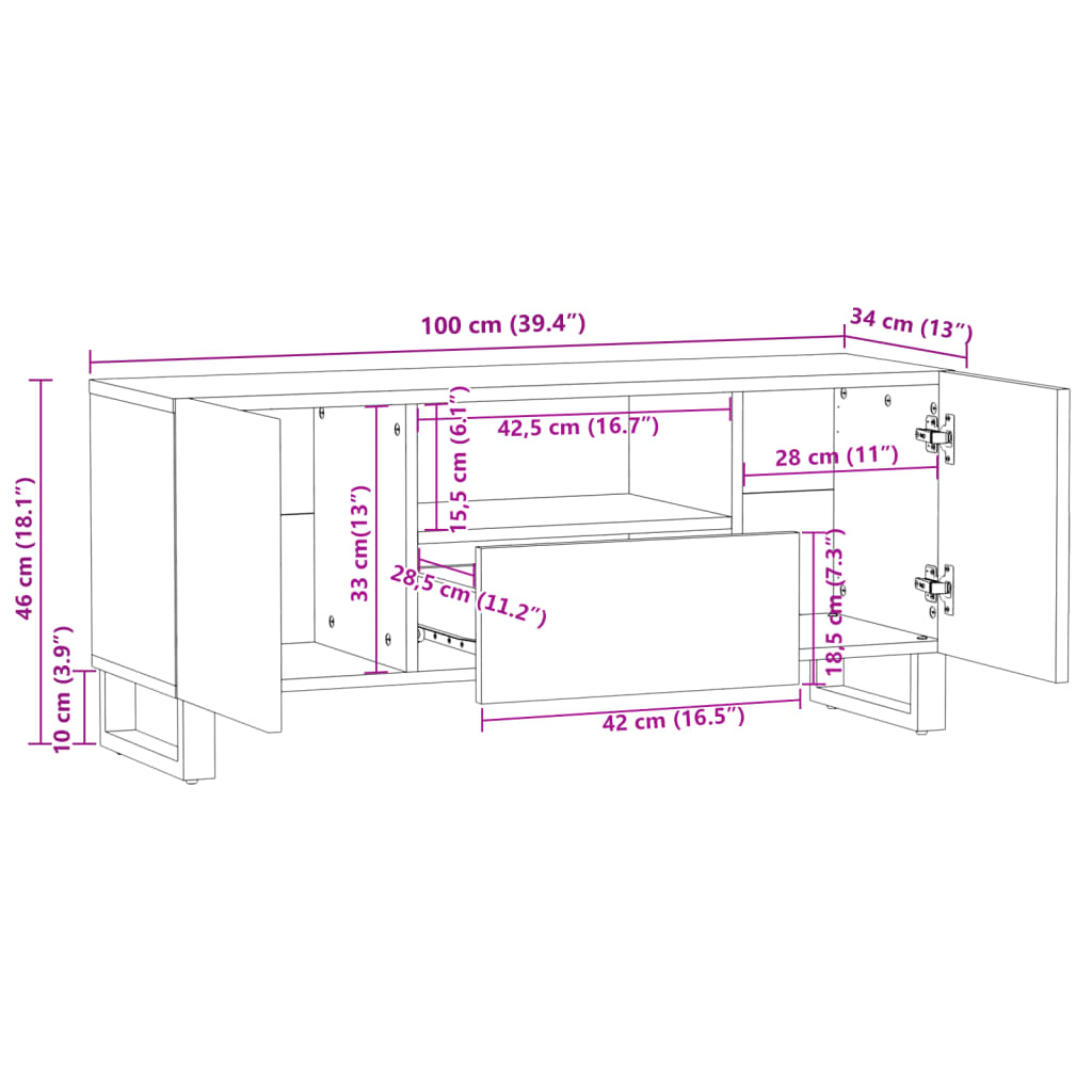 Meuble TV 100x34x46 cm Bois de manguier massif brut