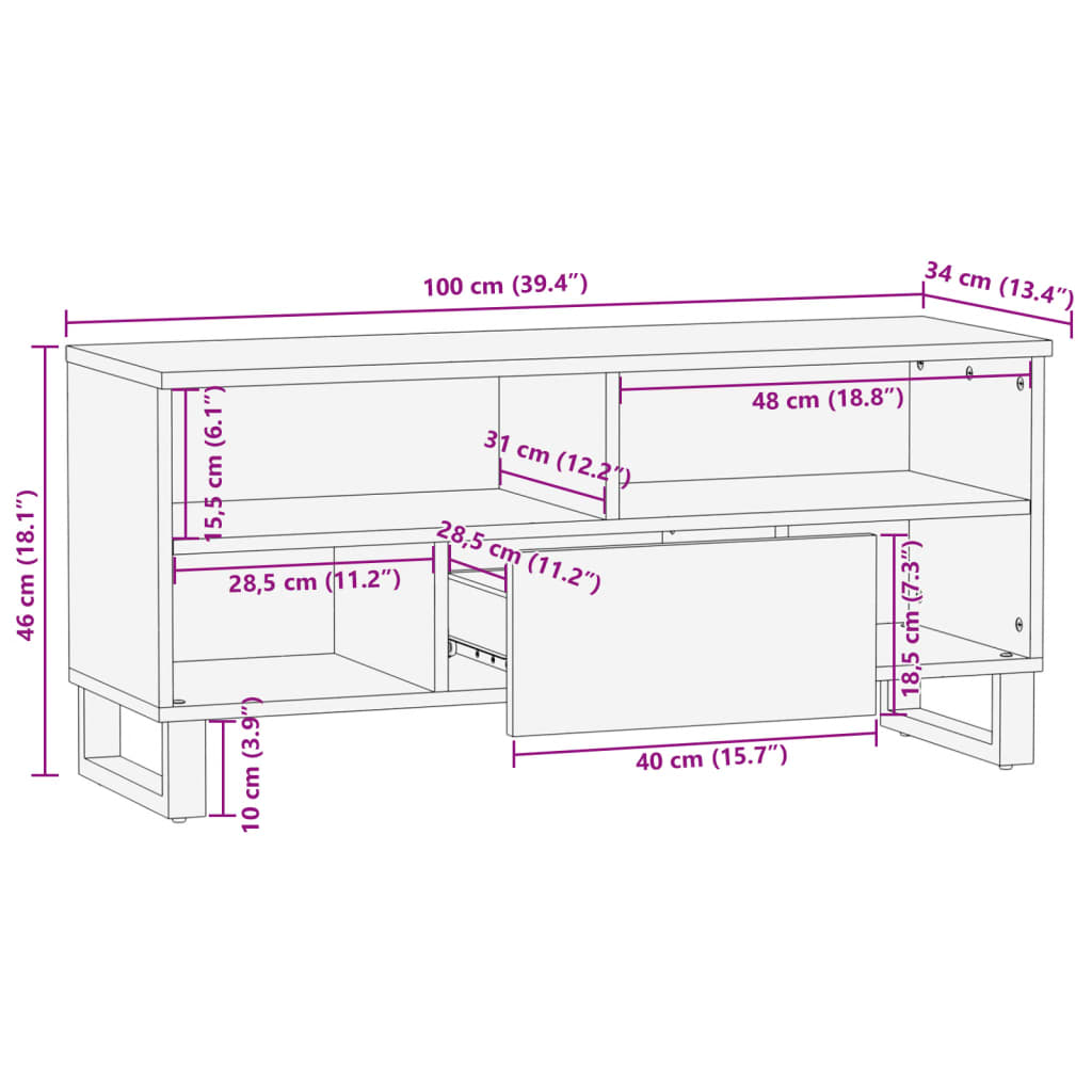 Meuble TV 100x34x46 cm Bois de manguier massif brut