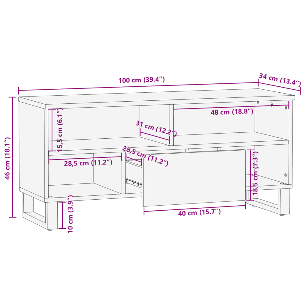 Meuble TV 100x34x46 cm en bois de manguier massif