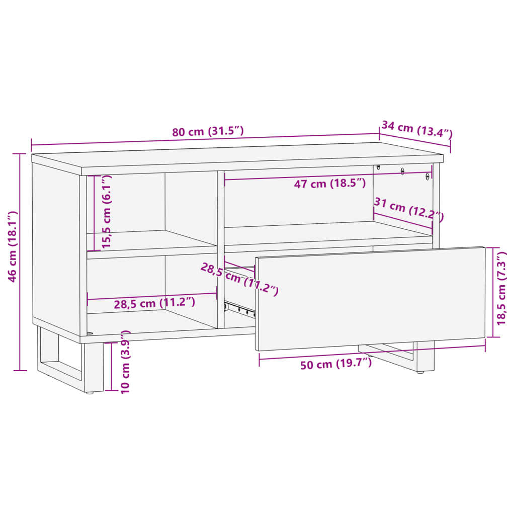 Meuble TV marron 80x34x46 cm en bois de manguier massif