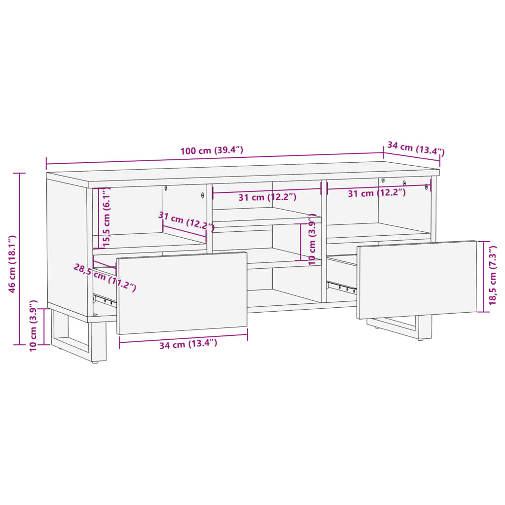 Meuble TV 100x34x46 cm Bois de manguier massif brut