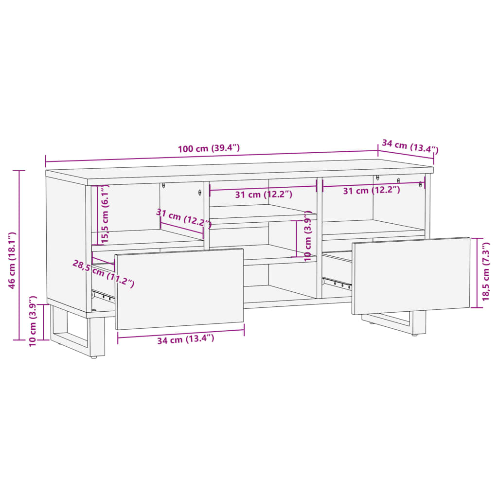 Meuble TV 100x34x46 cm en bois d'acacia massif