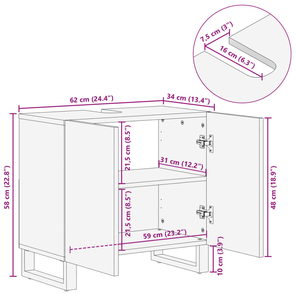 Meuble sous lavabo 62x34x58 cm en manguier massif