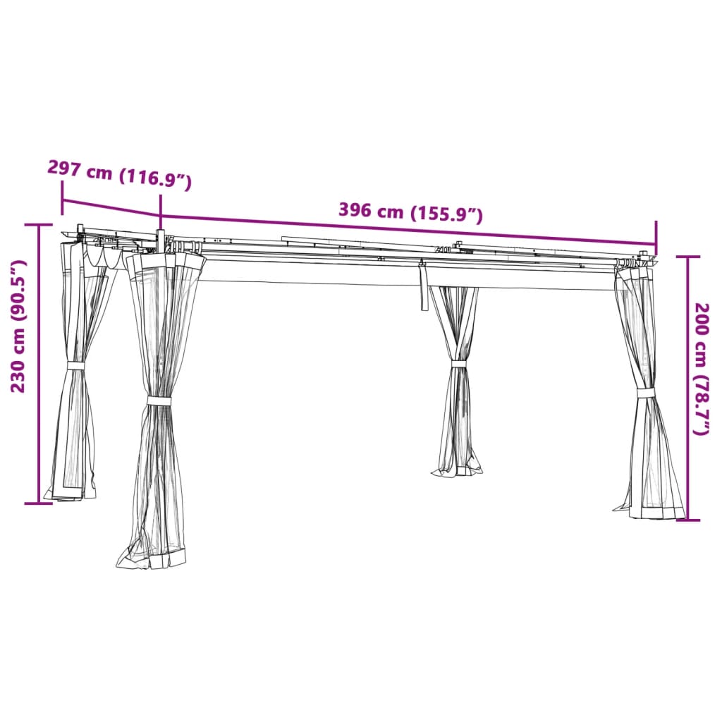 Tonnelle avec parois en filet anthracite 4x3 m en acier