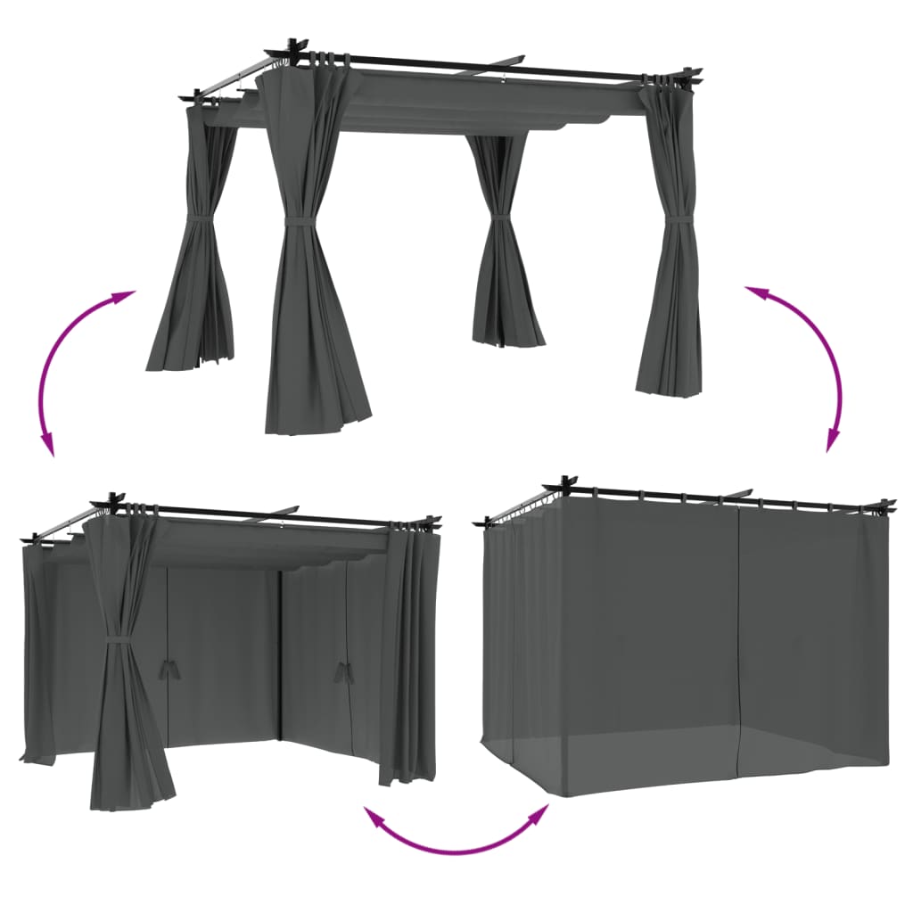 Gazebo avec rideaux anthracite 3x3 m en acier