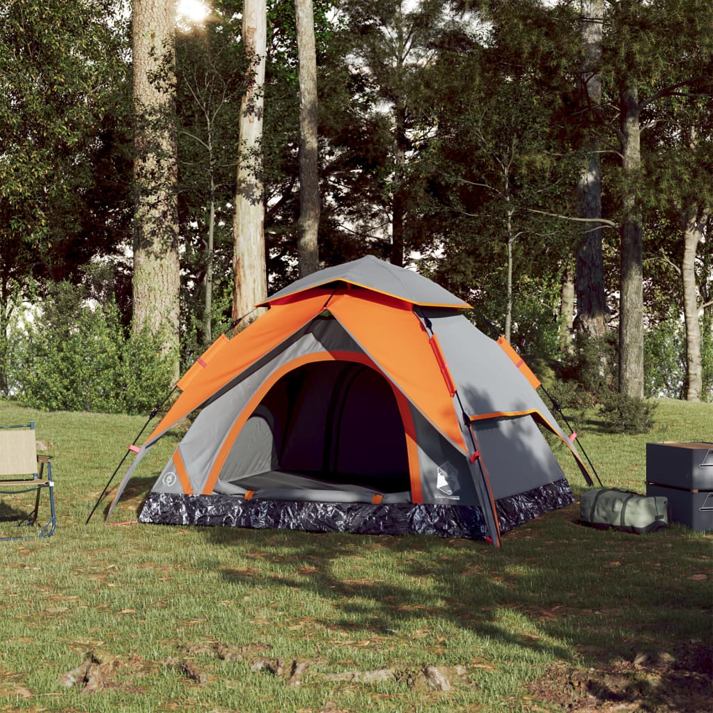 Tente de camping dôme 3 personnes gris et orange à dégagement rapide