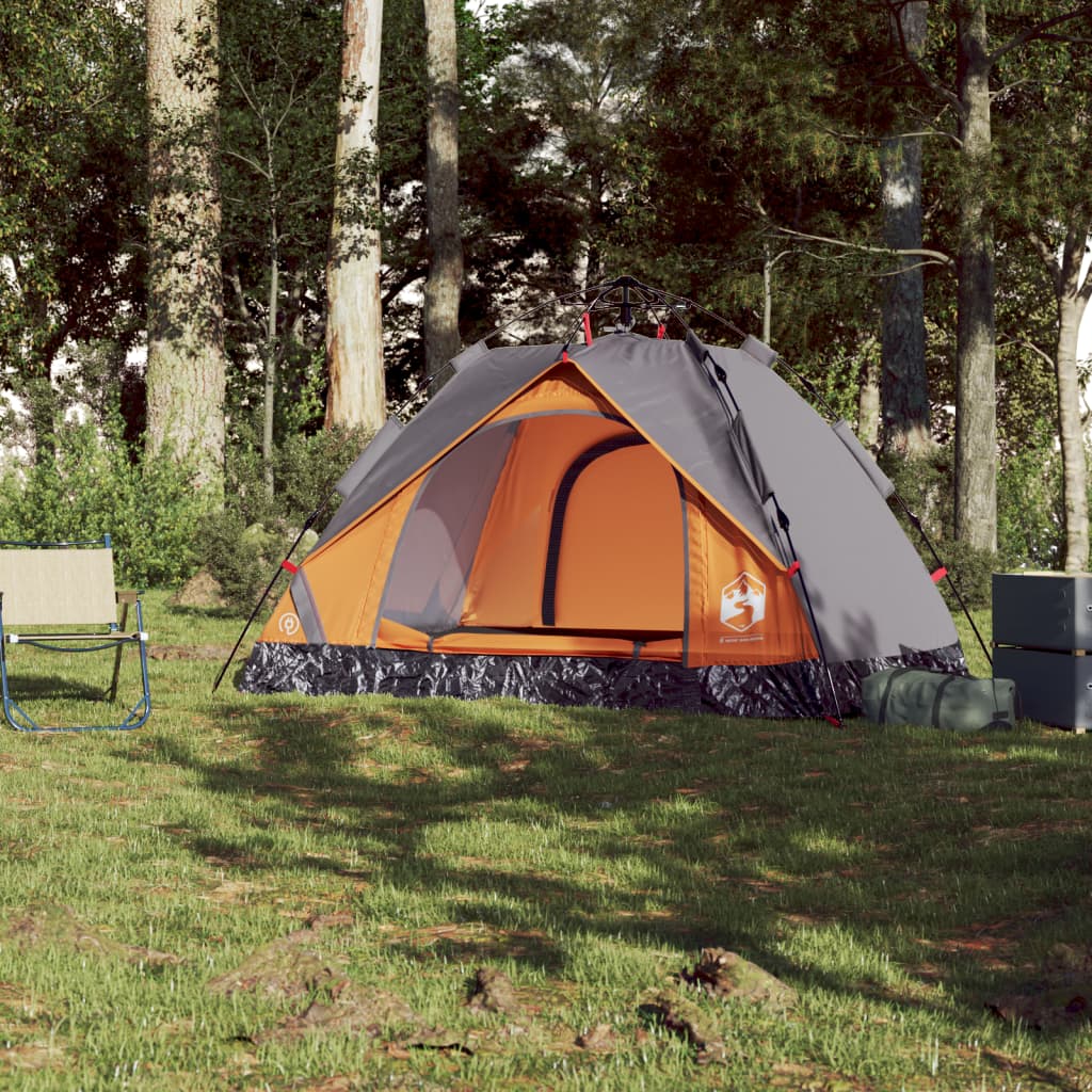 Tente de camping dôme 2 personnes gris et orange à dégagement rapide