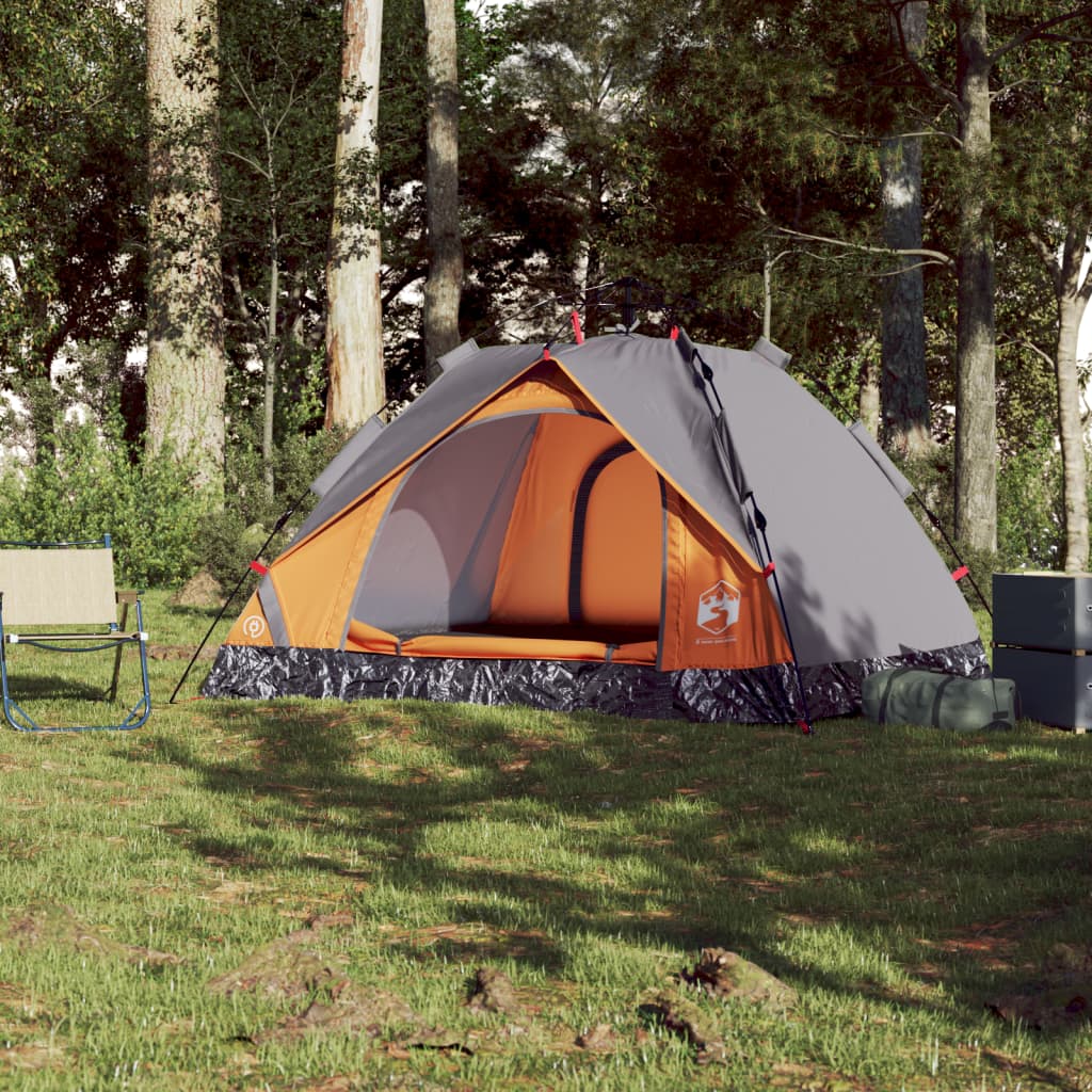 Tente de camping dôme 3 personnes gris et orange à dégagement rapide