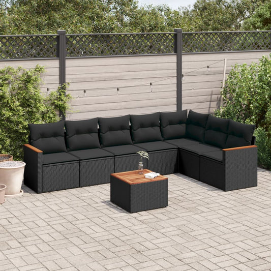 8-piece garden sofa set with cushions, black poly rattan