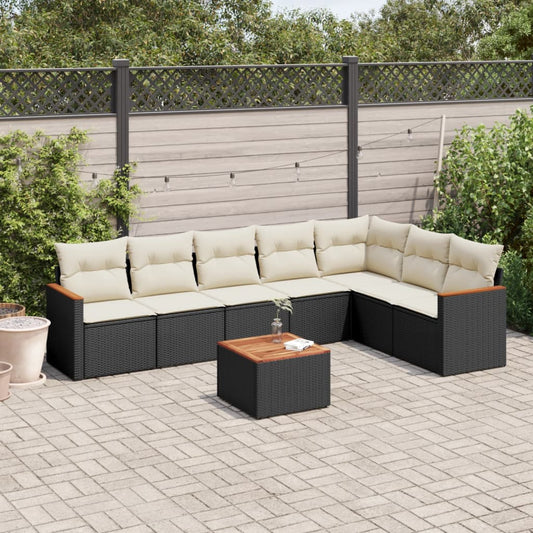 8-piece garden sofa set with cushions, black poly rattan