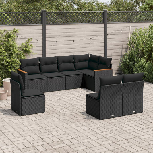 8-piece garden sofa set with cushions, black poly rattan