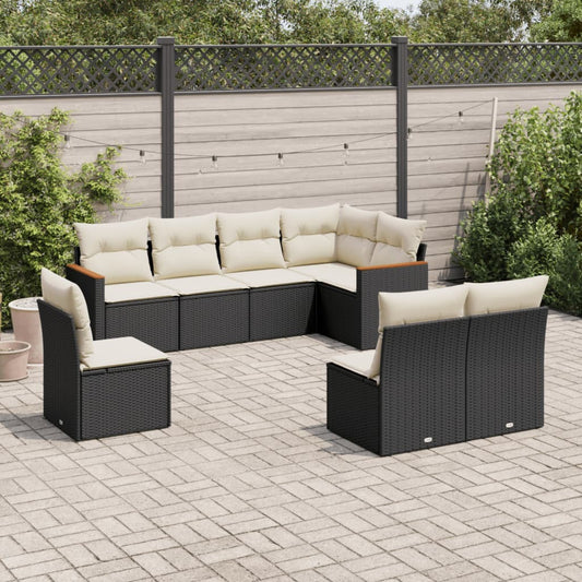 8-piece garden sofa set with cushions, black poly rattan