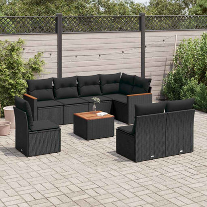 9-tlg. Garten-Sofagarnitur mit Kissen Schwarz Poly Rattan