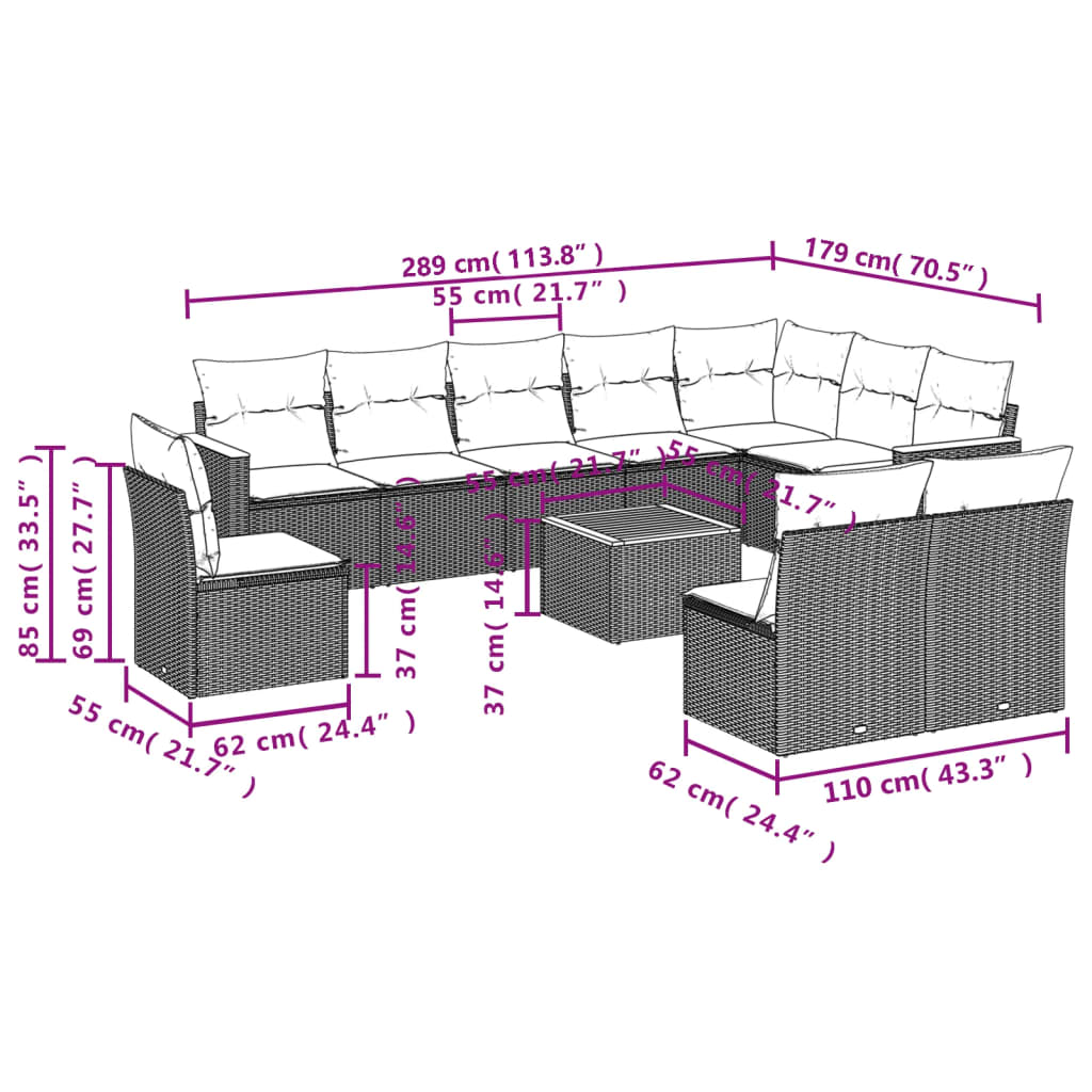 11-teiliges Gartensofa-Set mit Kissen, schwarzes Polyrattan