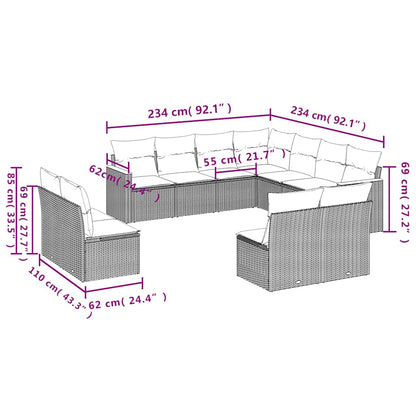 11-teiliges Gartensofa-Set mit Kissen, schwarzes Polyrattan