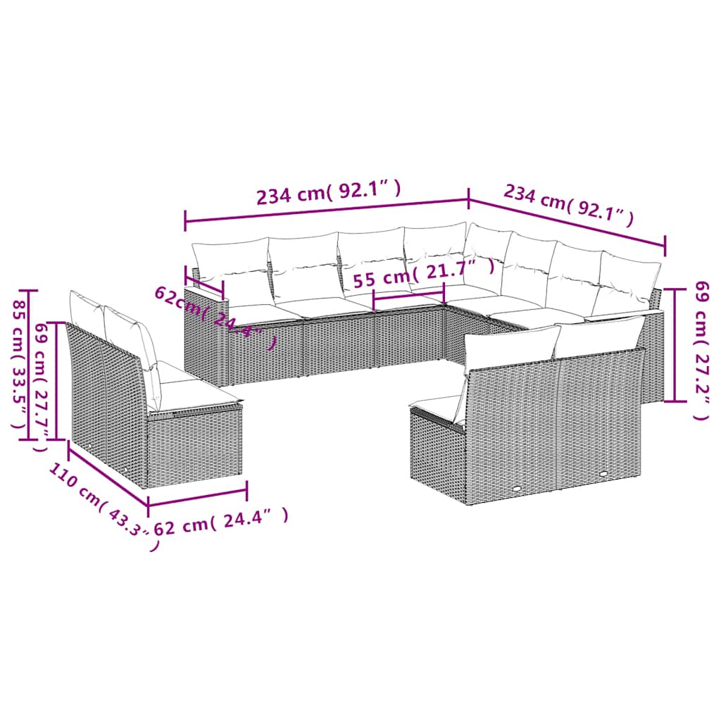 11-teiliges Gartensofa-Set mit Kissen, schwarzes Polyrattan