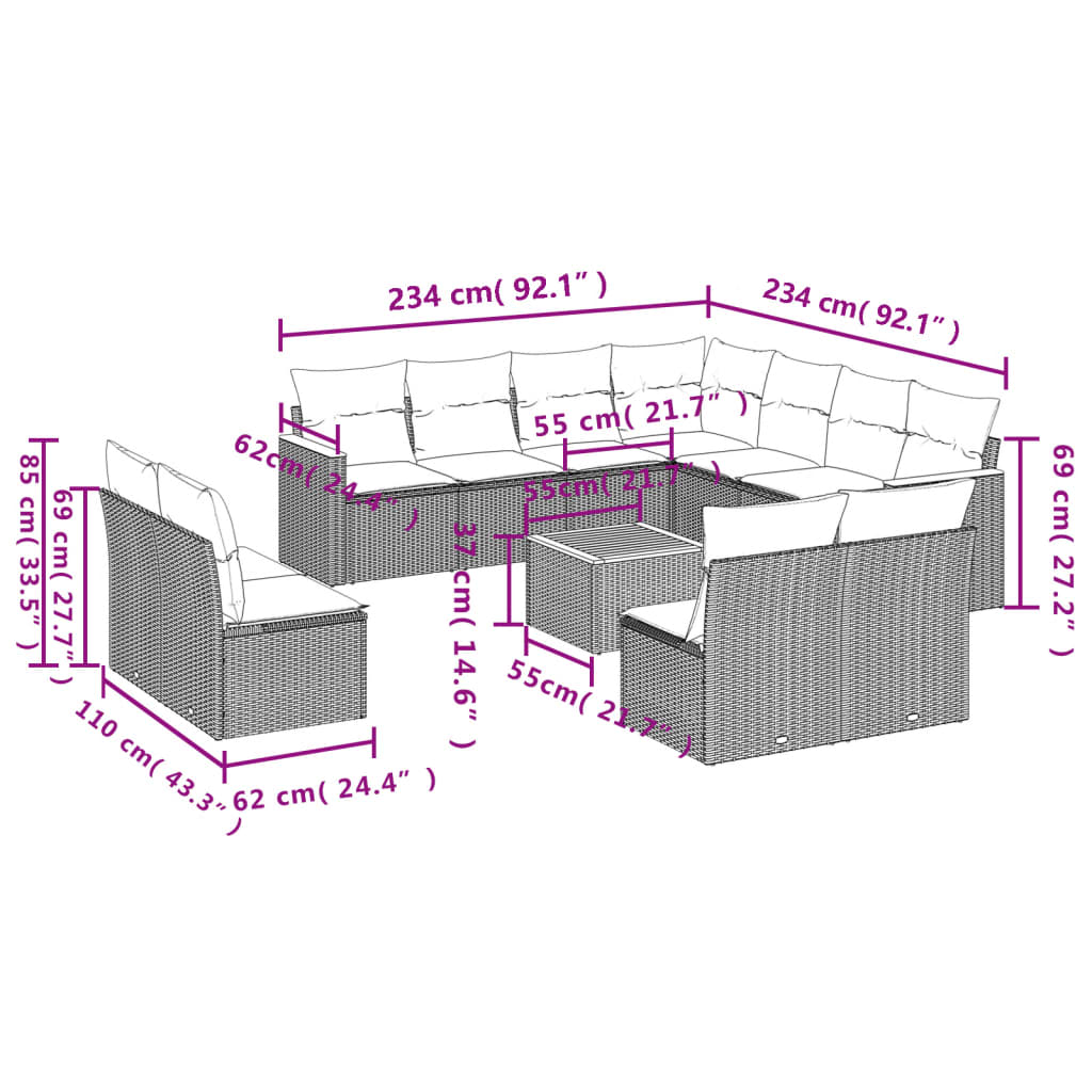12-teiliges Gartensofa-Set mit Kissen, schwarzes Polyrattan