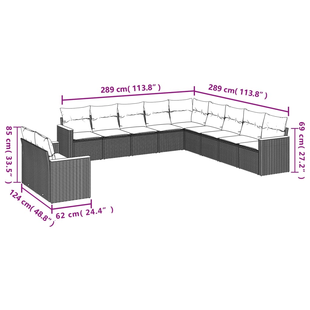 11-teiliges Gartensofa-Set mit Kissen, grau, Polyrattan