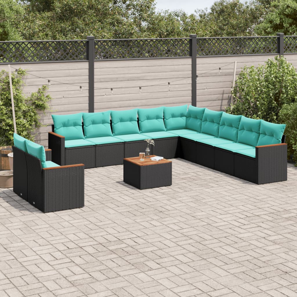 12-teiliges Gartensofa-Set mit Kissen, schwarzes Polyrattan