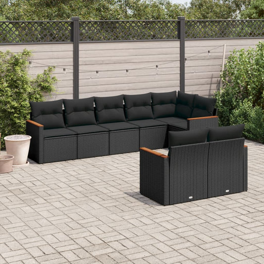 8-piece garden sofa set with cushions, black poly rattan