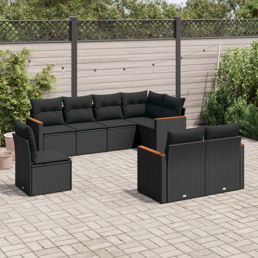 8-piece garden sofa set with cushions, black poly rattan