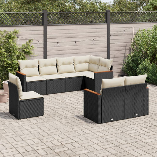 8-piece garden sofa set with cushions, black poly rattan
