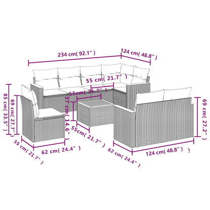 9-tlg. Garten-Sofagarnitur mit Kissen Schwarz Poly Rattan