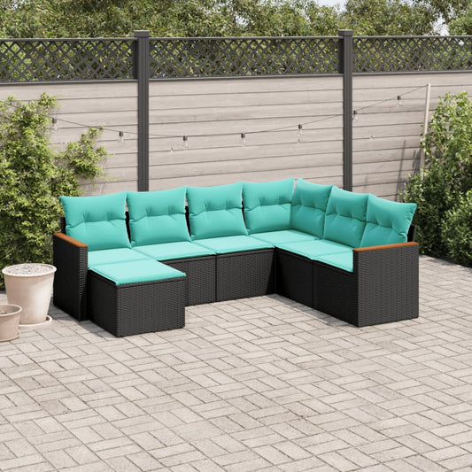 7-teiliges Gartensofa-Set mit Kissen, schwarzes Polyrattan