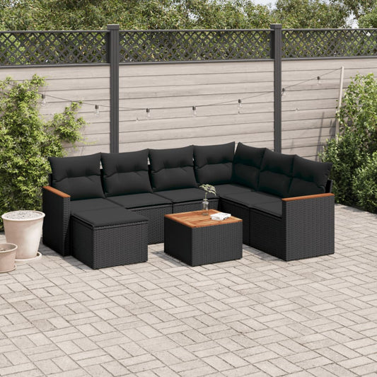 Ensemble de canapés de jardin 8 pièces avec coussins, en polyrotin noir