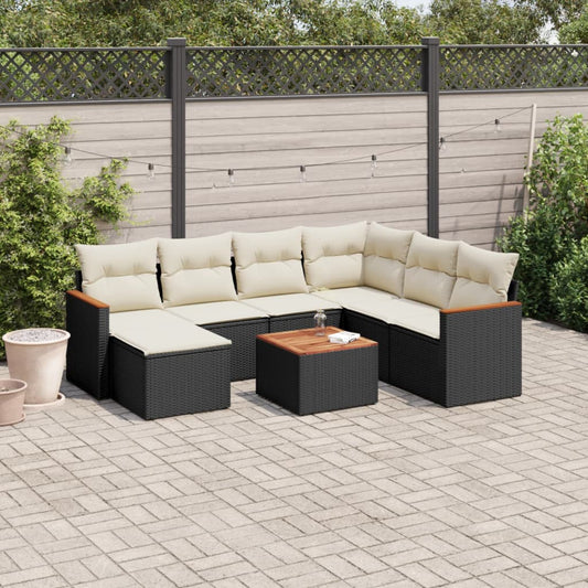 8-piece garden sofa set with cushions, black poly rattan