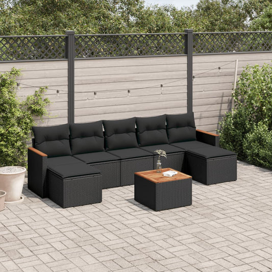 8-piece garden sofa set with cushions, black poly rattan