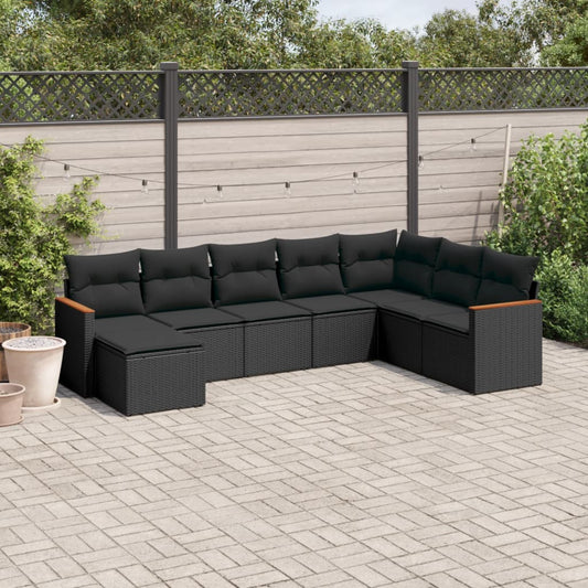 8-piece garden sofa set with cushions, black poly rattan