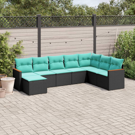8-teiliges Gartensofa-Set mit Kissen, schwarzes Polyrattan