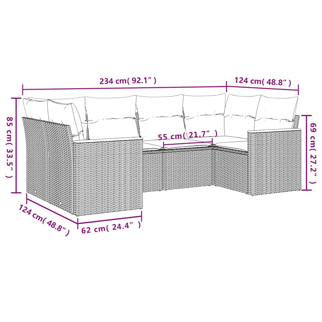 6-teiliges Gartensofa-Set mit Kissen, schwarzes Polyrattan