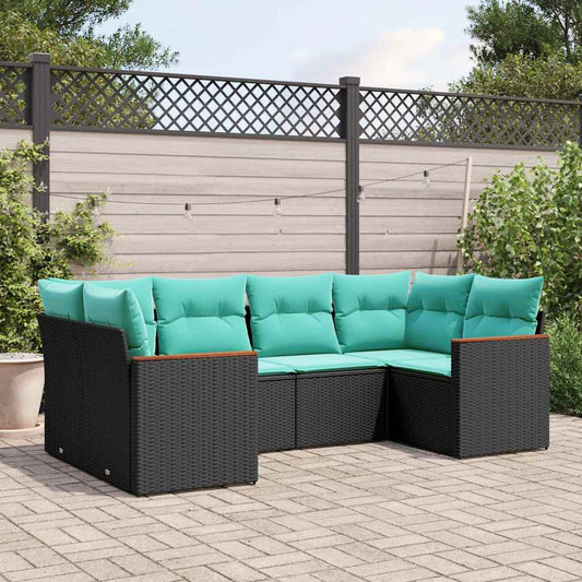 6-teiliges Gartensofa-Set mit Kissen, schwarzes Polyrattan