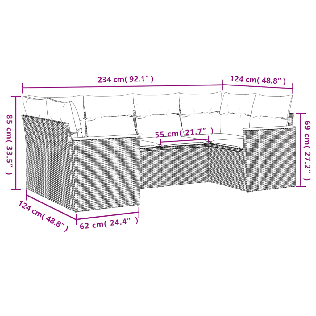 6-teiliges Gartensofa-Set mit Kissen, grau, Polyrattan