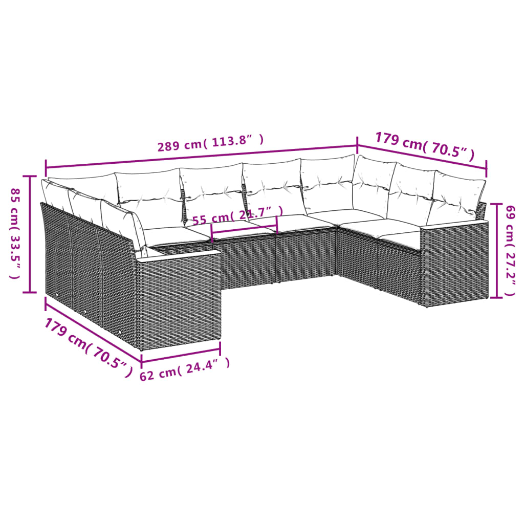 9-teiliges Gartensofa-Set mit Kissen, schwarzes Polyrattan