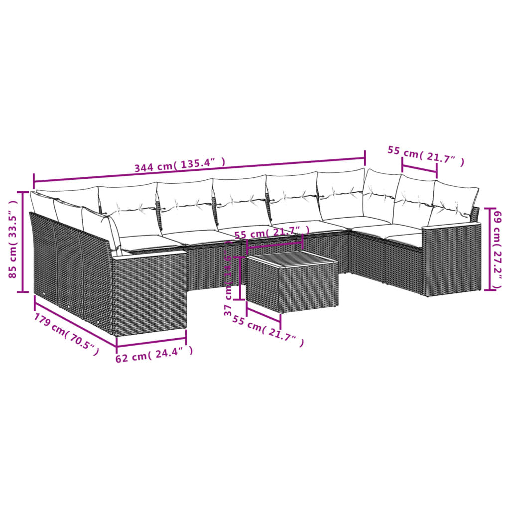 11-teiliges Gartensofa-Set mit Kissen, schwarzes Polyrattan