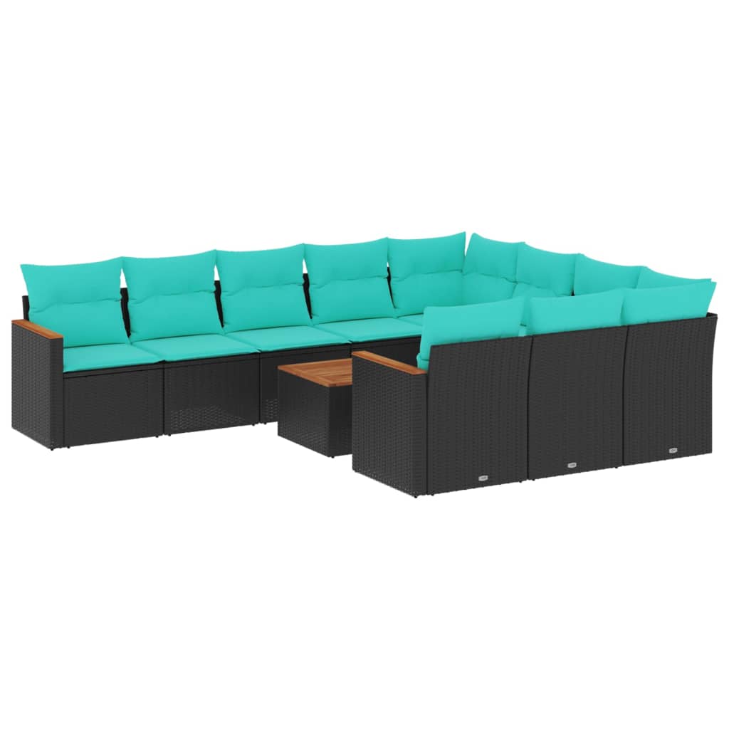 11-teiliges Gartensofa-Set mit Kissen, schwarzes Polyrattan