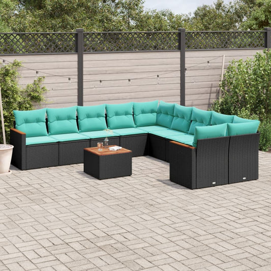 11-teiliges Gartensofa-Set mit Kissen, schwarzes Polyrattan